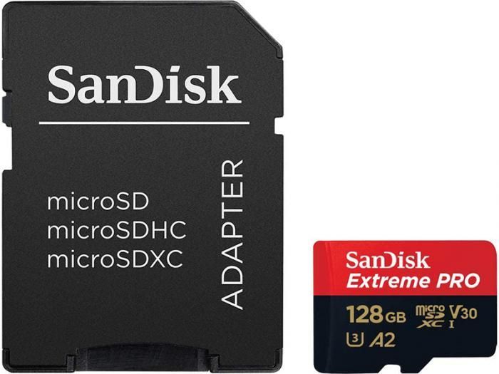 Карта памяти 128Gb - SanDisk Extreme Pro Micro Secure Digital XC Class 10 UHS-I A2 C10 V30 U3 SDSQXCD-128G-GN6MA с переходником под SD (Оригинальная!)