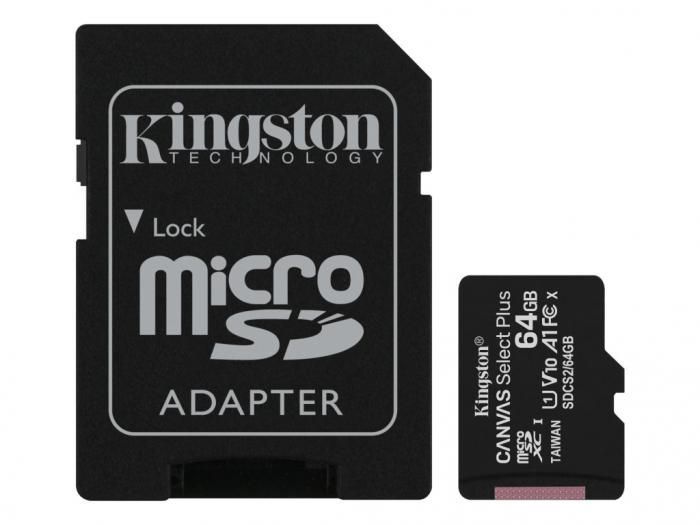 Карта памяти 64Gb - Kingston Micro Secure Digital HC Class 10 UHS-I Canvas Select SDCS2/64GB с переходником под SD (Оригинальная!)